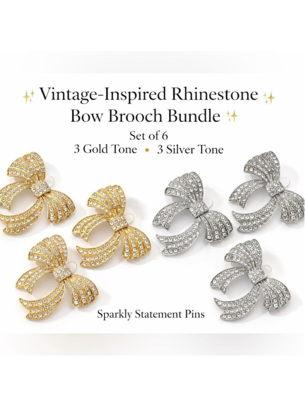 Set of 6 Rhinestone Bow Brooch Pins Gold & Silver Tone Vintage Style. New/Sealed